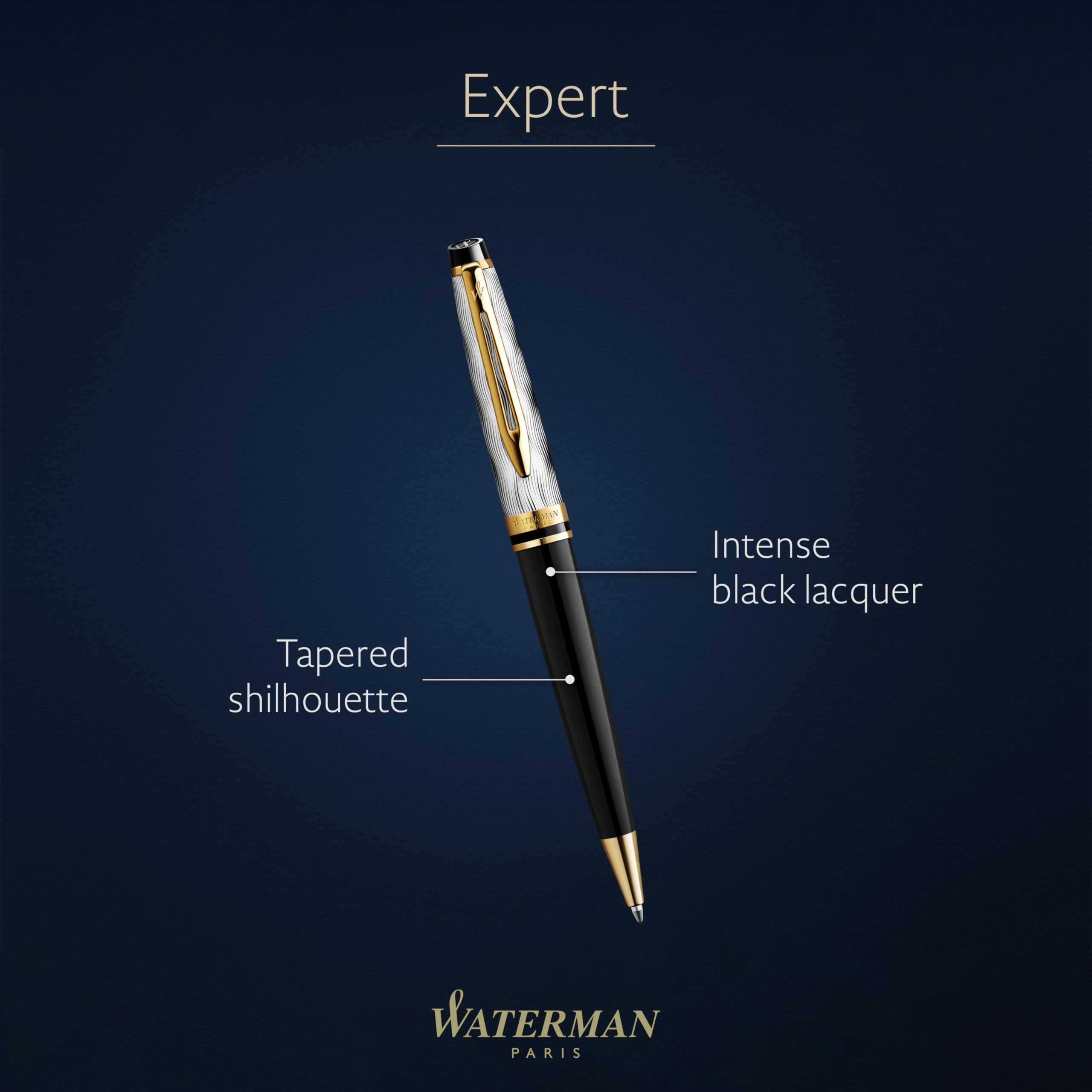 Waterman Expert, długopis, metal i czarny lakier ze złotymi zdobieniami, cyzelowana nasadka, końcówka medium.
