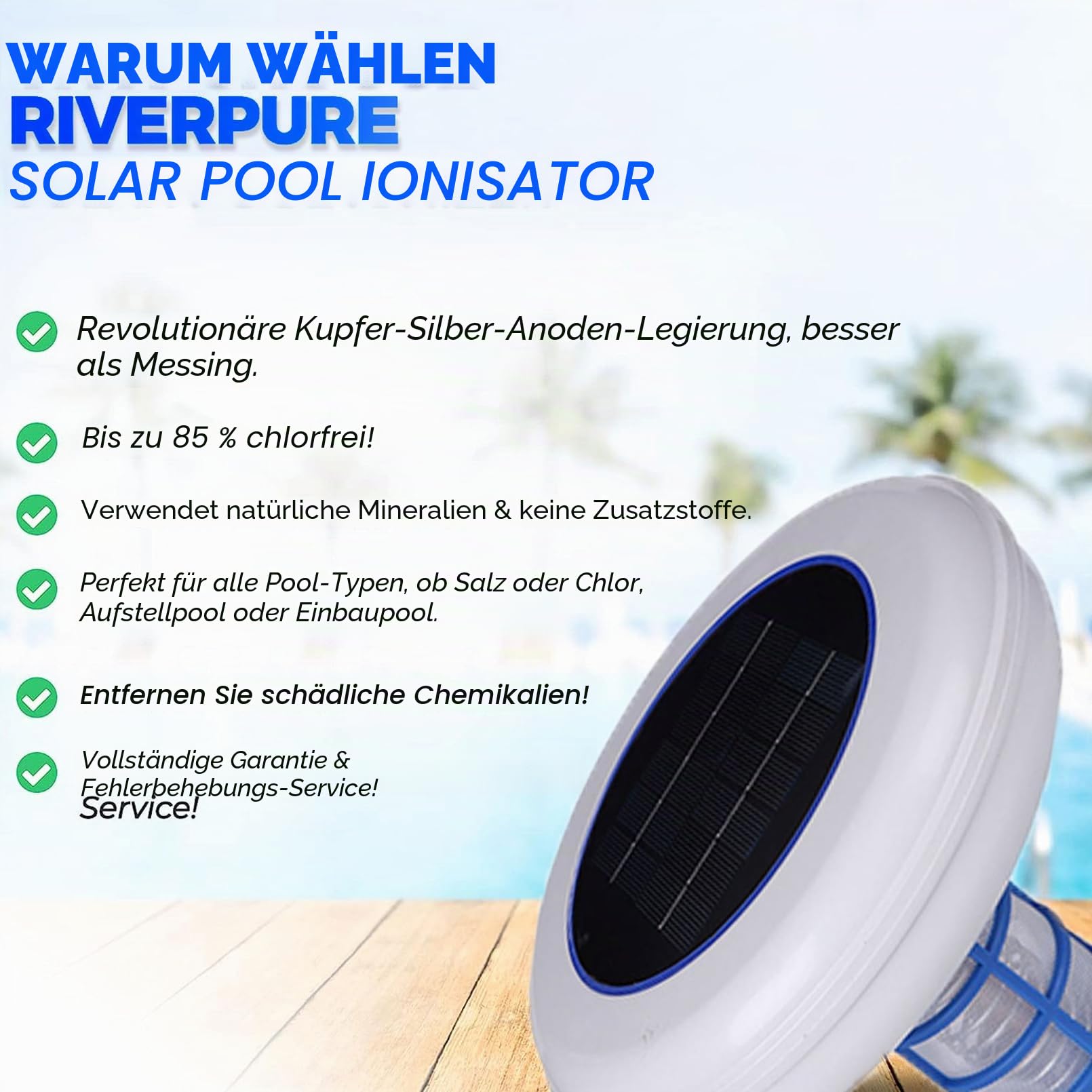 Solarpool Kupfer -Ionisator für Oberirdische Pool, Reinigen Sie 85% Weniger Chlor, Automatischer Poolreiniger Bis Zu 45000 Gallonen Töten Algen Halten Sie Den Pool Sauber