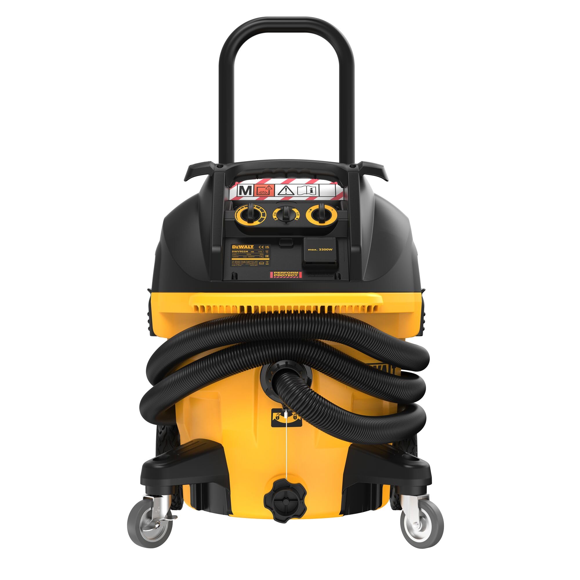 DeWalt DWV905M-QS, Aspirador industrial en seco y húmedo, 1.400W, Para polvos blandos, Madera dura y minerales, Incluye manguera de aspiración 32 mm, adaptador AirLock y de peldaño, bolsa de polvo