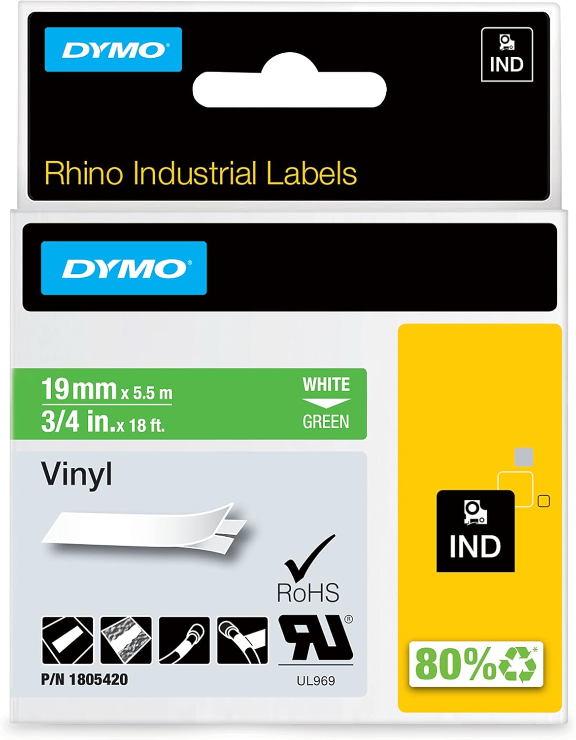 DYMO Industrial Labels for DYMO Industrial Rhino Label Makers, White on Blue, 1/2", 1 Roll (1805243)