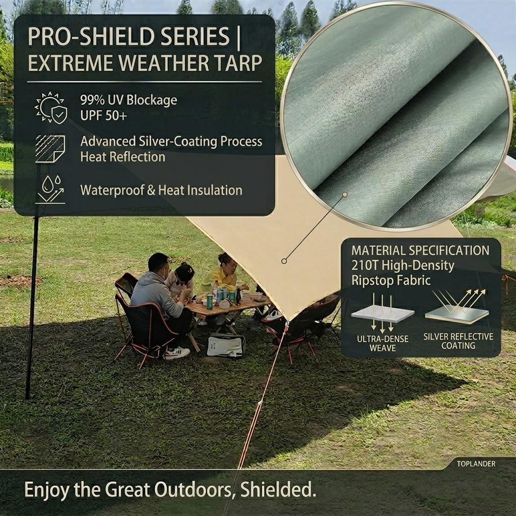 Großes Camping Tarp Zelt Ultraleicht Wasserdicht Multifunktional Awning Hexagon Tarpaulin Shelter für Auto Bushcraft Hängematte Backpacking Outdoor Survival (beige) (Beige, 4,5x4,5 tarp with Poles)