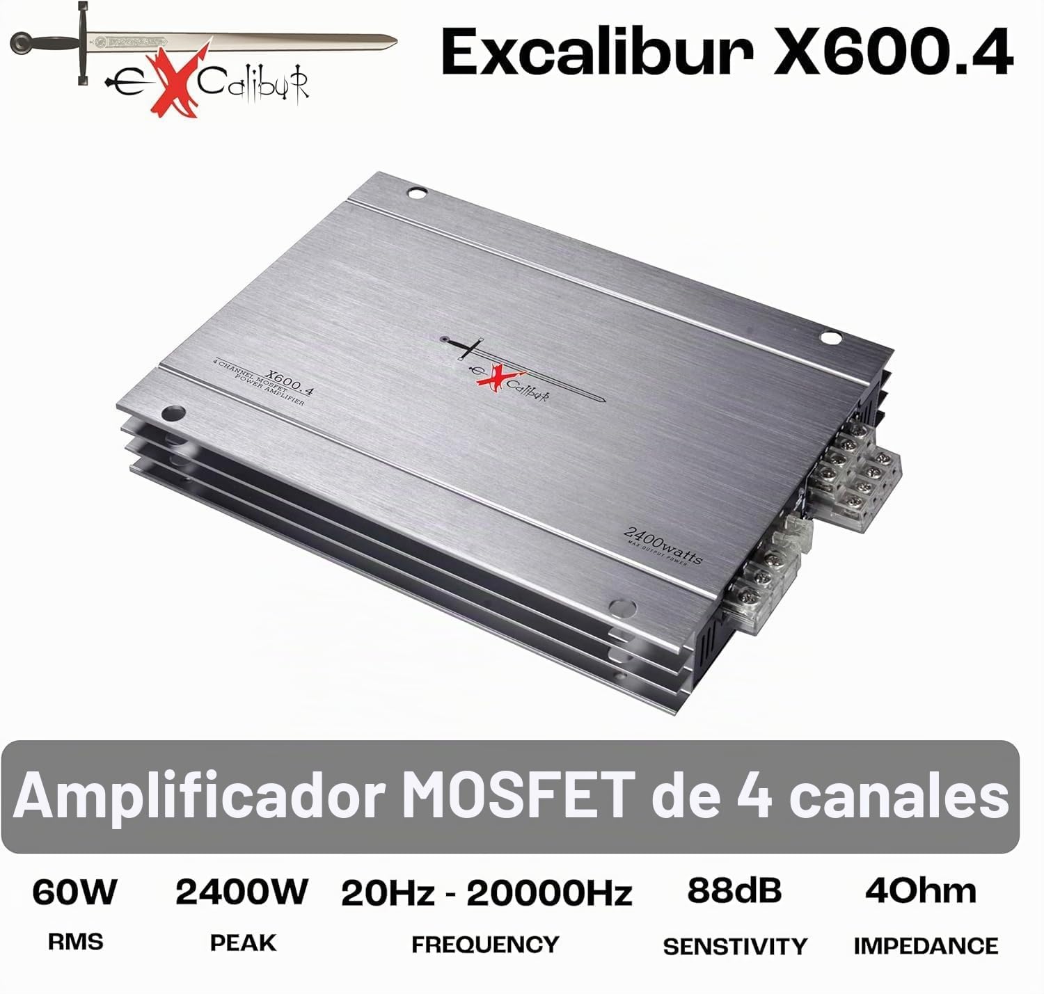 Excalibur X600.4 – Amplificador Estéreo 4 canales (2400 W, Crossover variable, 2 Ohmios)