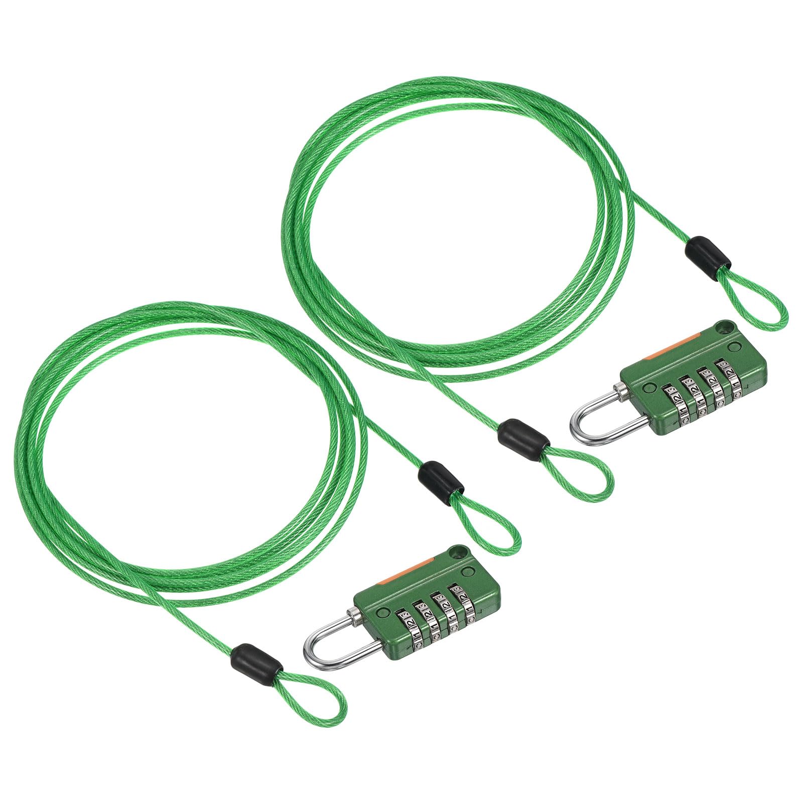 PATIKIL Security Steel Cable with 4 Digit Combination Lock, 2 Set 6.6Ft Coated Safety Wire Rope Double Loop Padlock for Outdoor Travel Luggage, Green