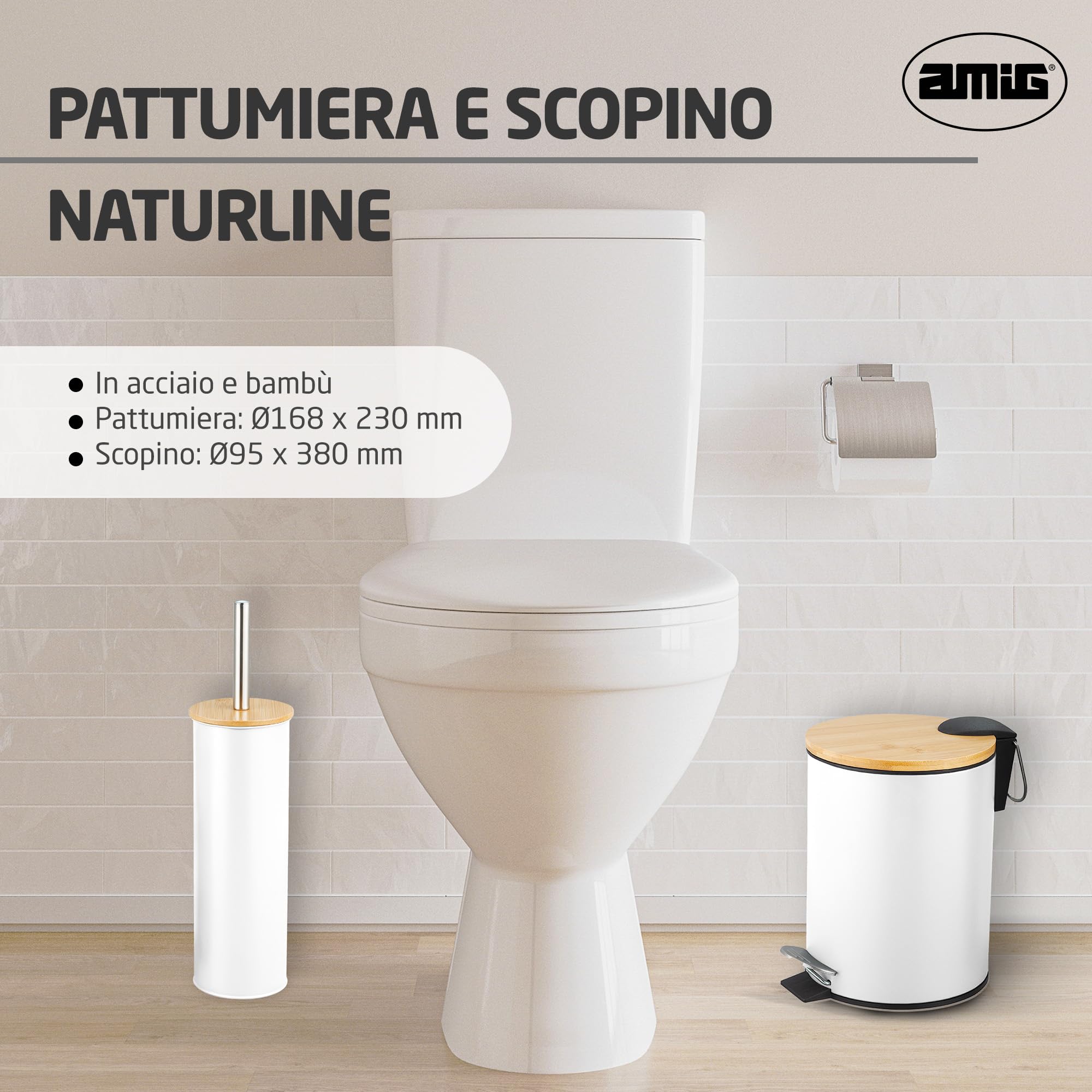 Amig Naturline Set Pattumiera e Portascopino Ø168x230 mm Acciaio Bambù Bianco