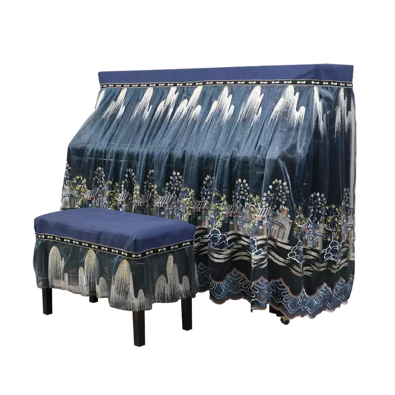 Copertura antipolvere for pianoforte, copertura completa for pianoforte e copertura for panca for pianoforte verticale universale, blu(Piano Cover+Double Bench Set)