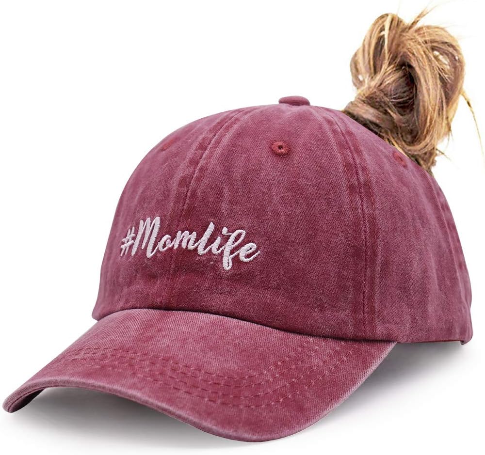 Mom Life Ponytail Baseball Cap Messy Bun Vintage Washed Distressed Twill Plain Hat for Women (Red, One Size)