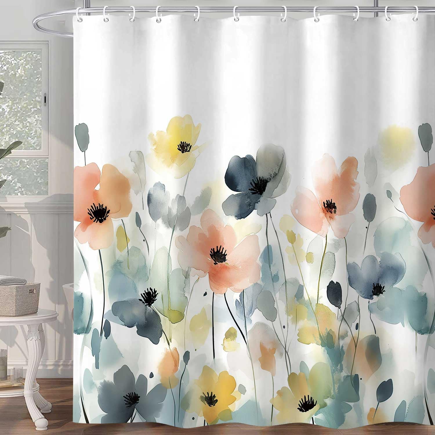 Boho Floral Shower Curtain, Watercolor Flower Wildflower Fabric Bathroom Curtains, Romantic Plants Nature Scenery Decoration Curtain Set with Hooks, 72 x 84 inch