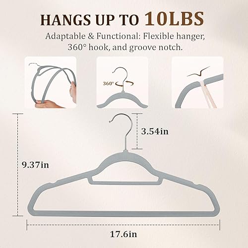 Miniatura 3 de Perchas de terciopelo color negro, paquete de 50 con 10 perchas de plástico adicionales, resistentes y antideslizantes, para colgar ropa para