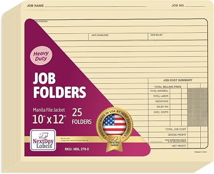 NextDayLabels - Classic Manila File Jacket 10 x 12 Job Folders Heavy Duty - Preprinted to Track Job Progress, Calculating Cost, and Customer Correspondences Pack of 25