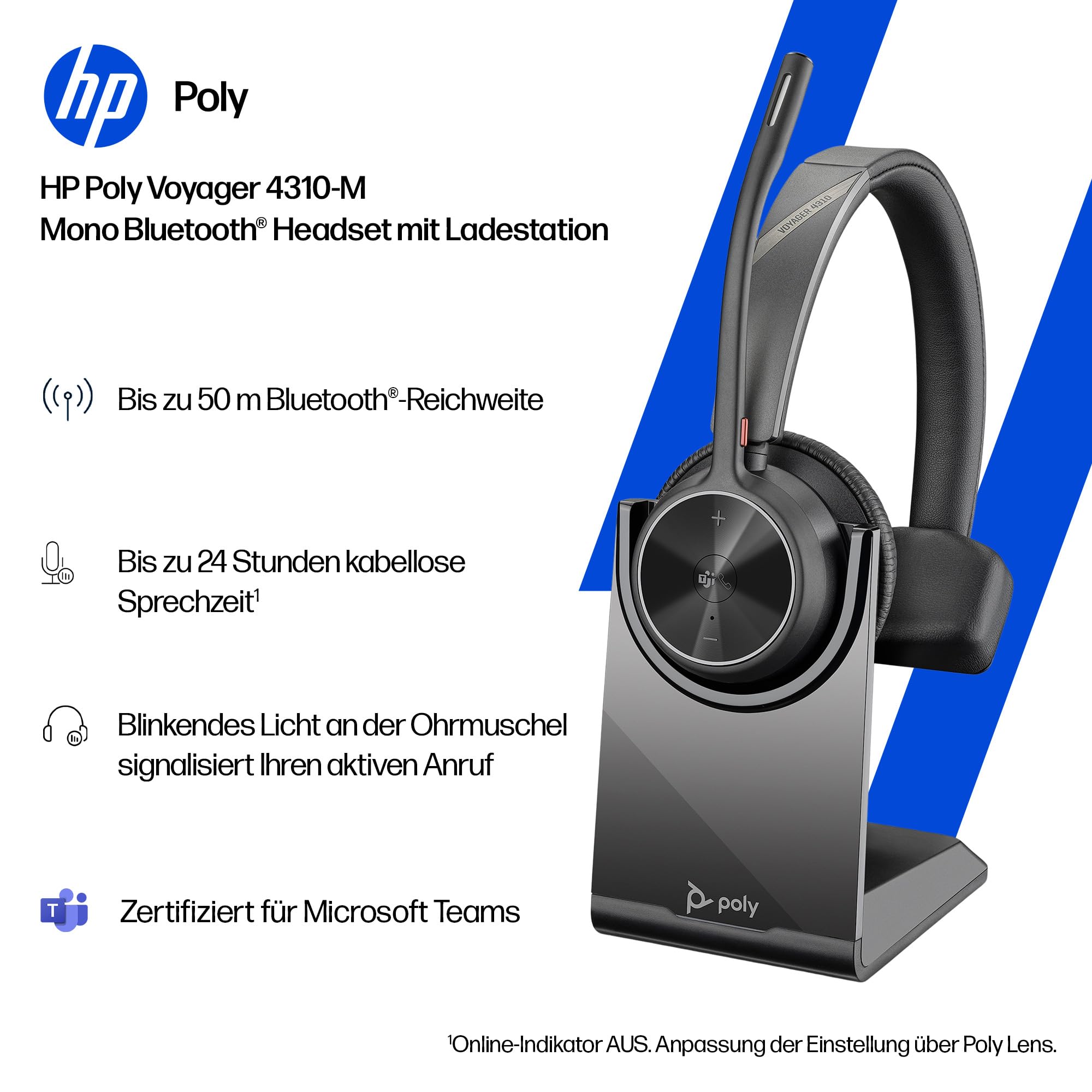 Poly Voyager 4310, schnurloses UC-Headset und Ladestation – Ein-Ohr-Bluetooth-Headset mit Noise Cancelling-Mikrofonarm – Verbindung mit PC/Mac/Mobiltelefon – Kompatibel mit Teams (zertifiziert), Zoom