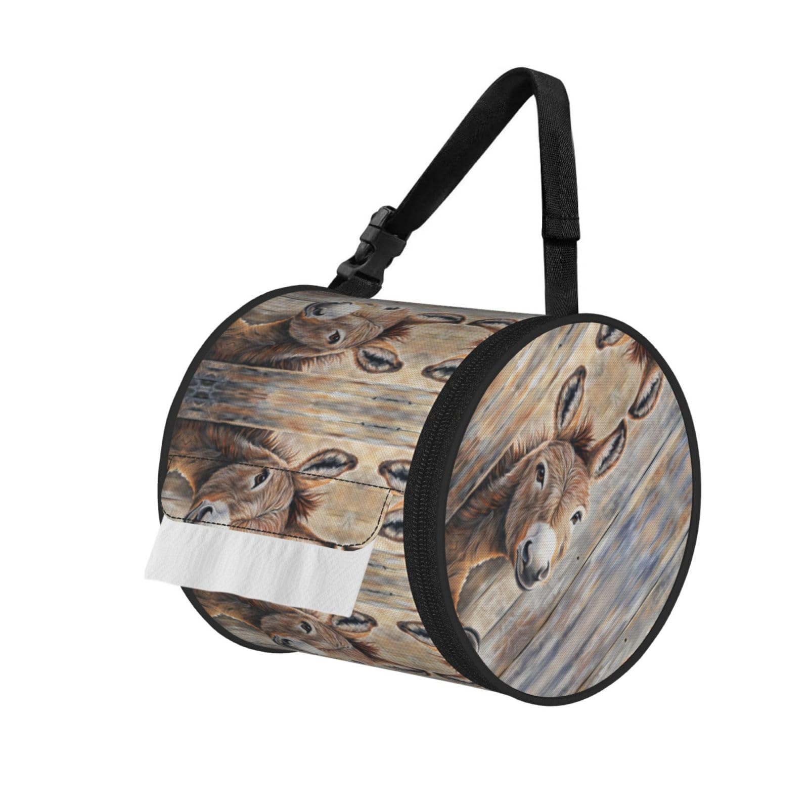 Wooden Donkey Print Round Tissue Dispenser Bag With Carry Strap, Portable Roll Holder For Car Travel Home