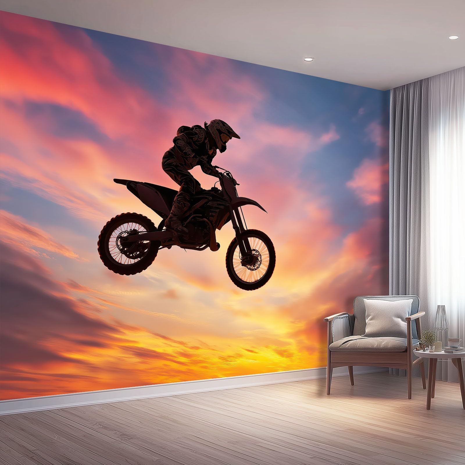 Duża fototapeta z włókniny 350 x 256 cm, dla motocyklistów, wyścigów terenowych, tapeta do sypialni i salonu, żółty zachód słońca