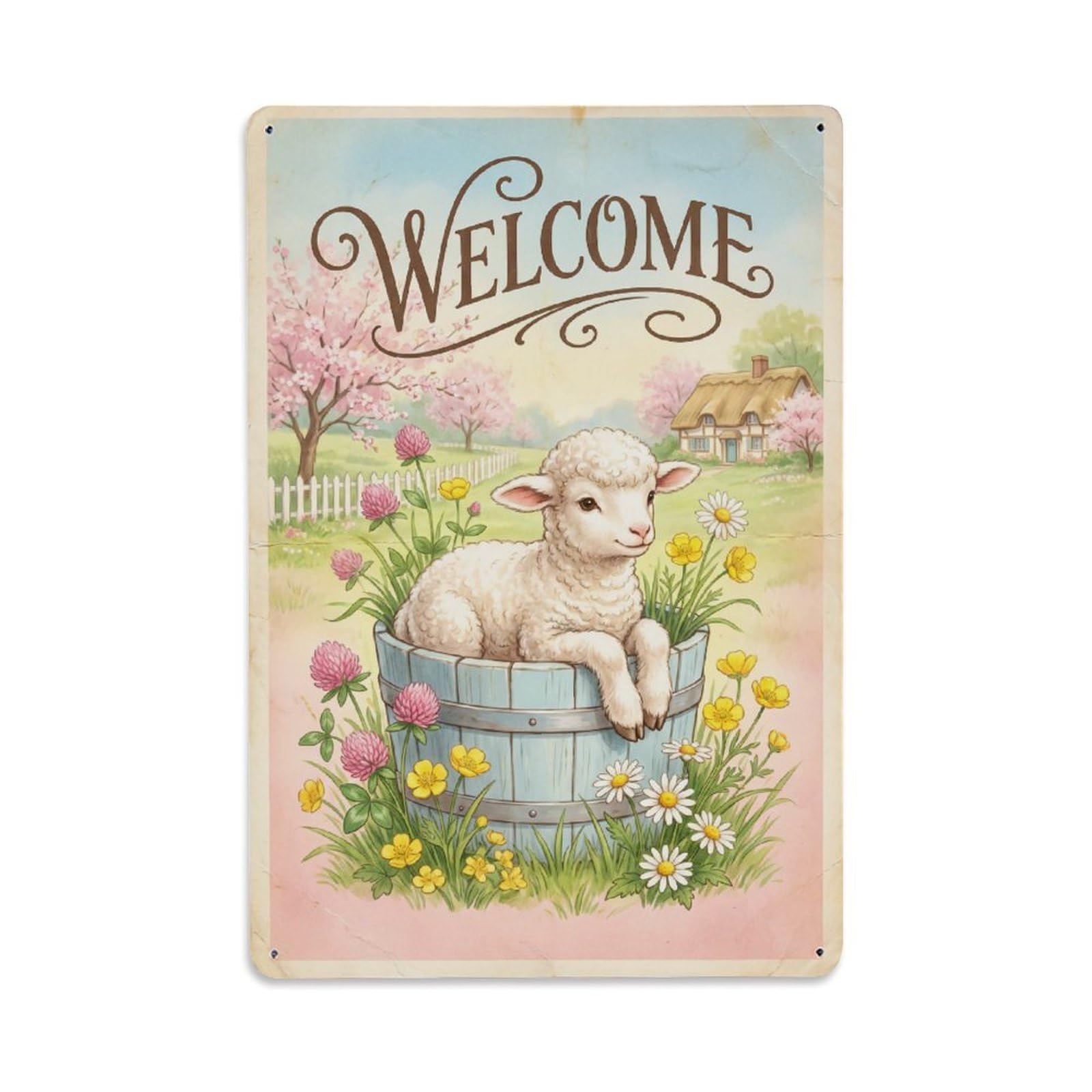 Cxhjca 8X12inch(20X30cm) Vintage Welcome Lamb Sunny Meadow Metal Tin Sign