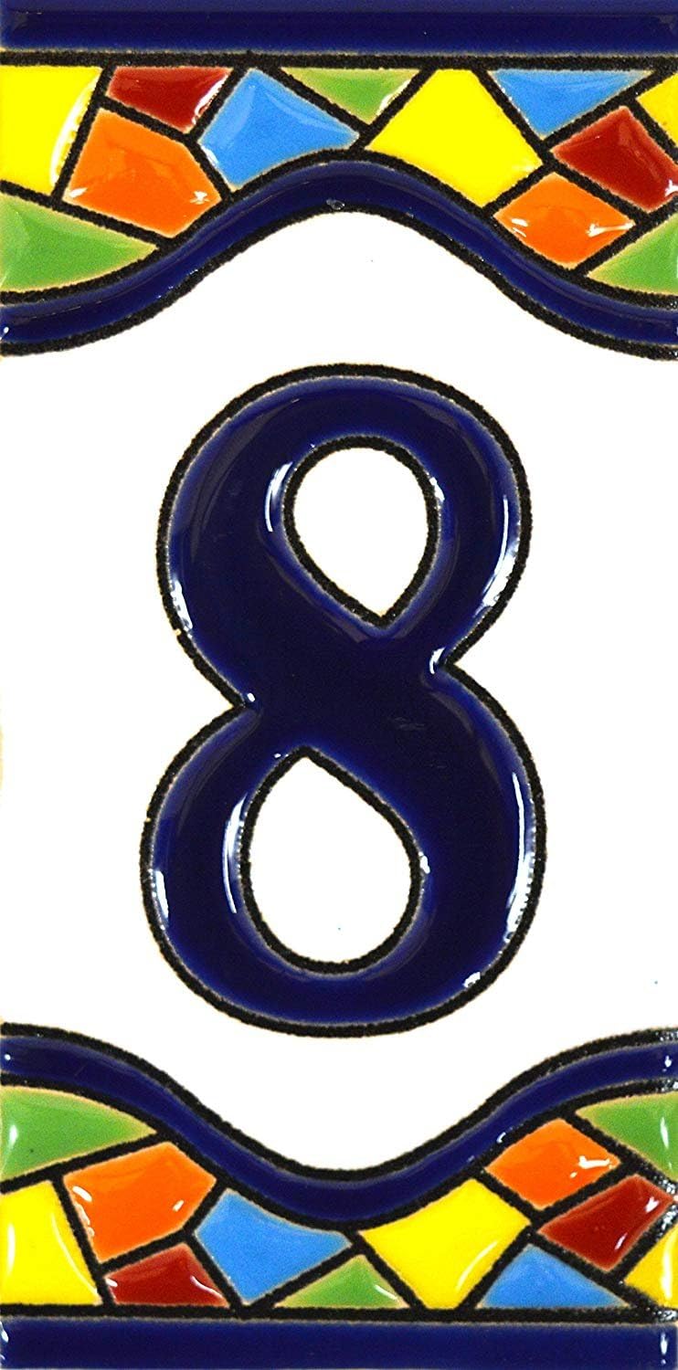House Numbers 4 Inch Handpainted Ceramic Tiles for Signs, Addresses and Names. Design MOSAICO MEDIANO 4.29" x 2.13" (NUMBER 8)