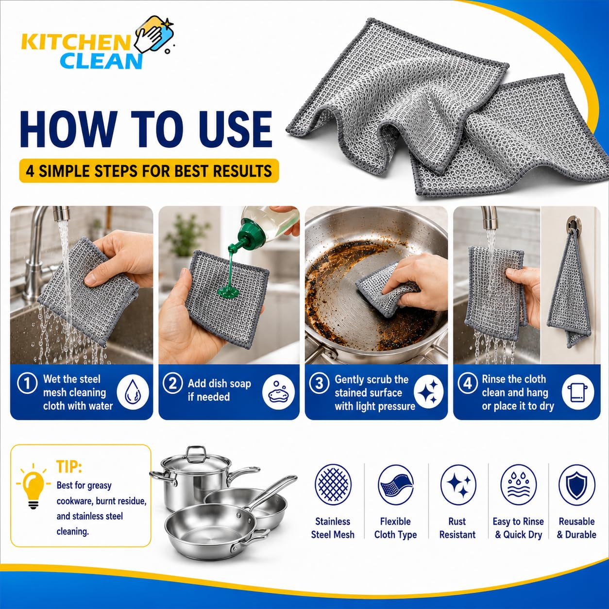 Kitchen Clean™ 15 Pcs Multipurpose Steel Wire Dishwashing Rags | Latest Safe on Hands Scrub Cloth | Kitchen Cleaning Juna | Steel Juna for Vessels Sink Cleaning Mirco Oven Stove Cleaning (Pack of 15) 2
