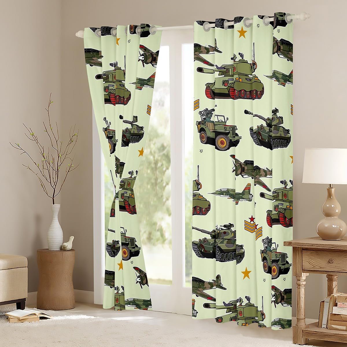 Manfei War Theme Window Curtains Army Green Aircraft Tanks Window Drapes for Kids Boys Room Decor, Retro Airplane Tank Window Treatments Grommet Top 2 Panel Set Bedroom Curtains, 42Wx63L inch