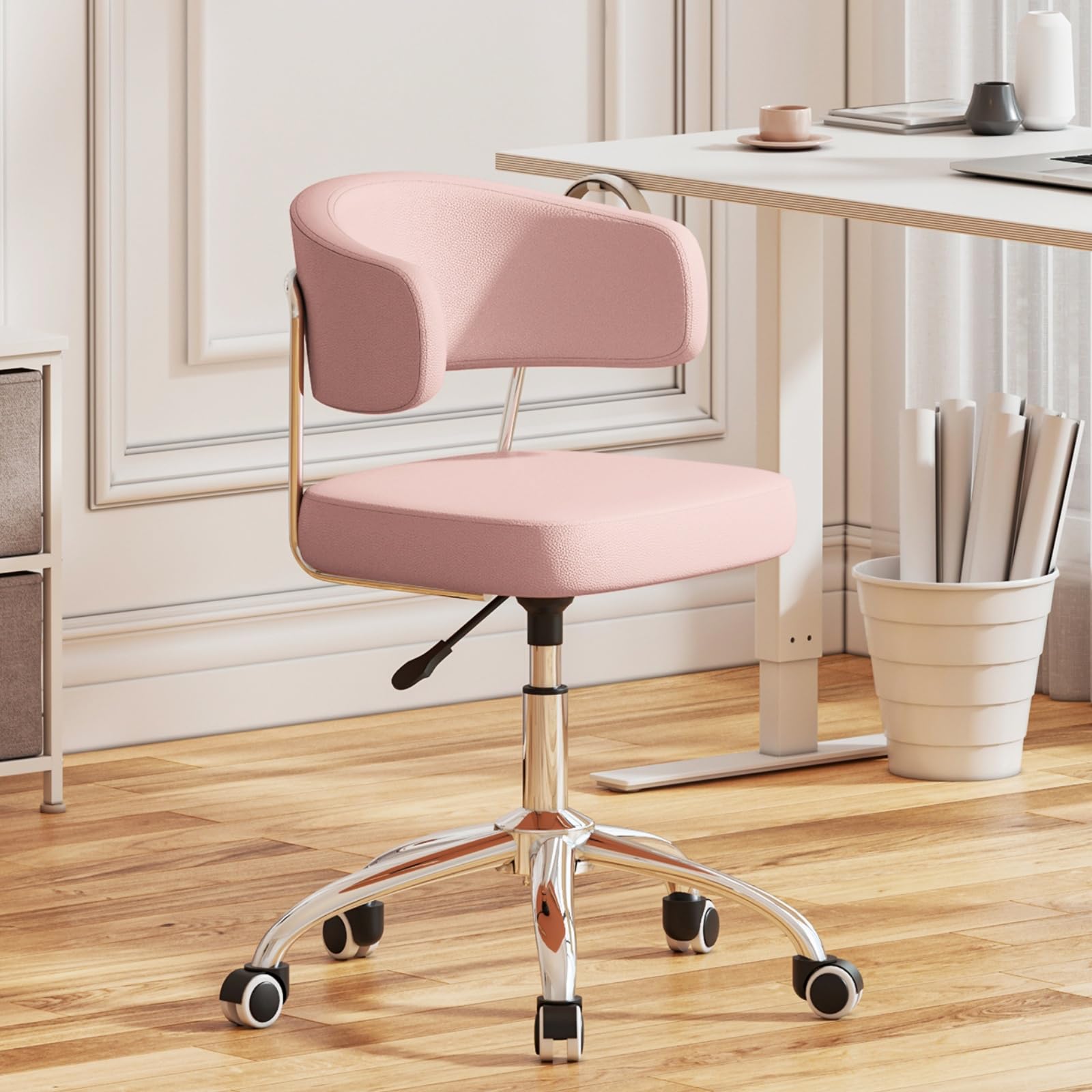 Outwin Modern Pink Armless Swivel Desk Chair, Home/Office, Adjustable Height, 76 to 91 cm, 120 kg Capacity, Faux Leather Seat, Steel Frame, Hard Floor, Carpet