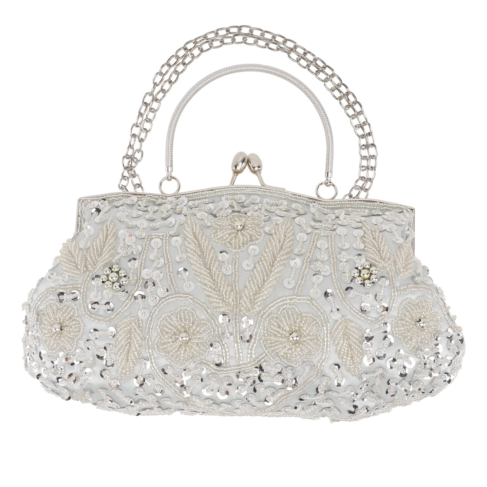 VALICLUD Vintage Damen Partytasche aus Canvas mit Blumenstickerei, Silber