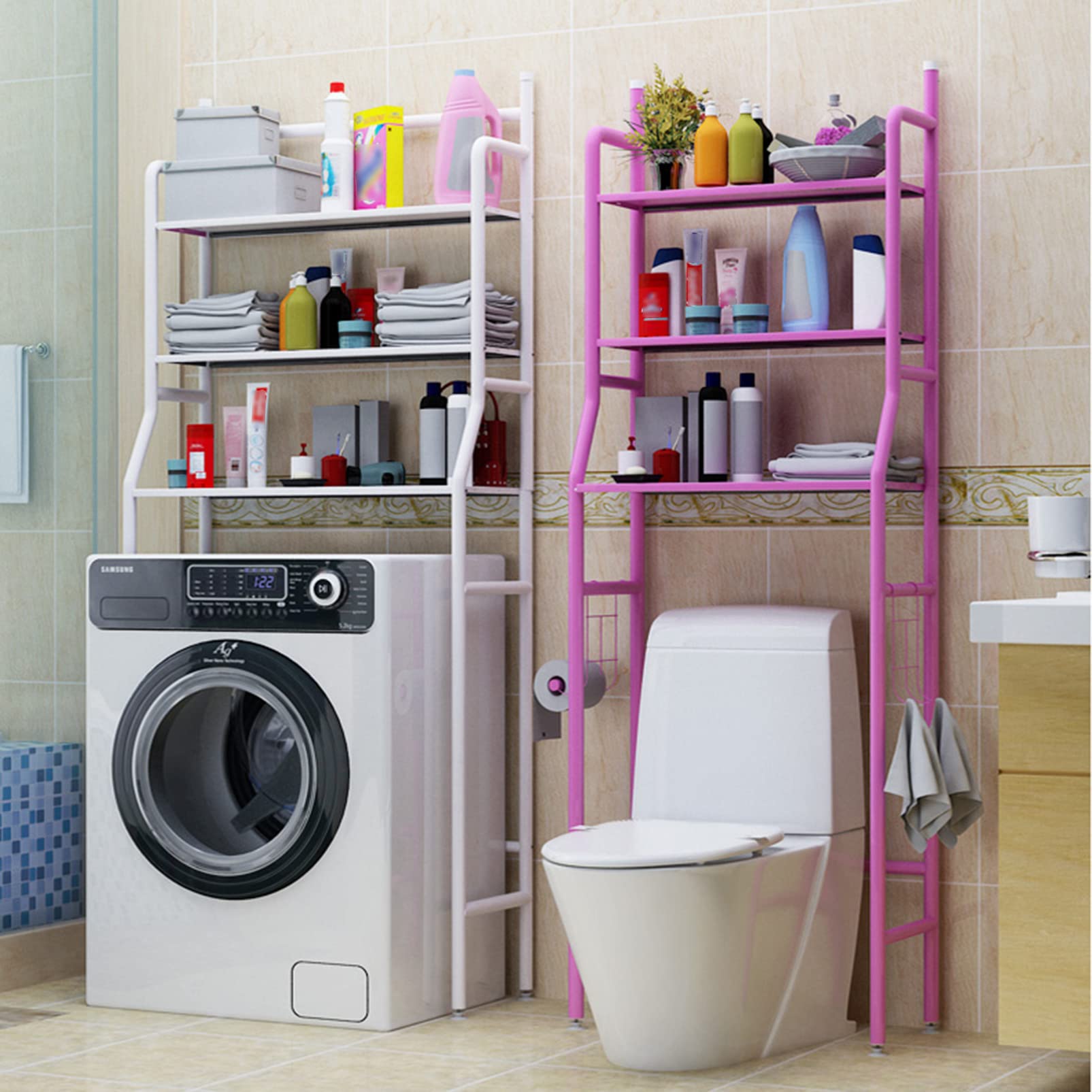 Scaffale salvaspazio sopra il WC a 3 livelli, mensole da bagno sopra il WC con gancio per asciugamani e porta carta igienica, supporto angolare autoportante per bagno, bagno, lavanderia, balcone