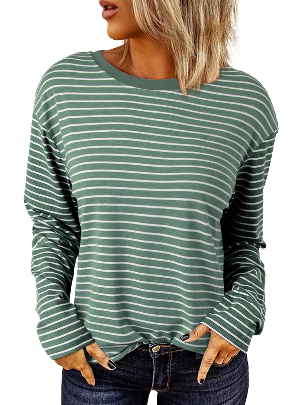 Dokotoo Langarmshirt Damen Rundhals Gestreift T-Shirt Basic Longsleeve Lässige Oberteile Shirt Tops S-XXL