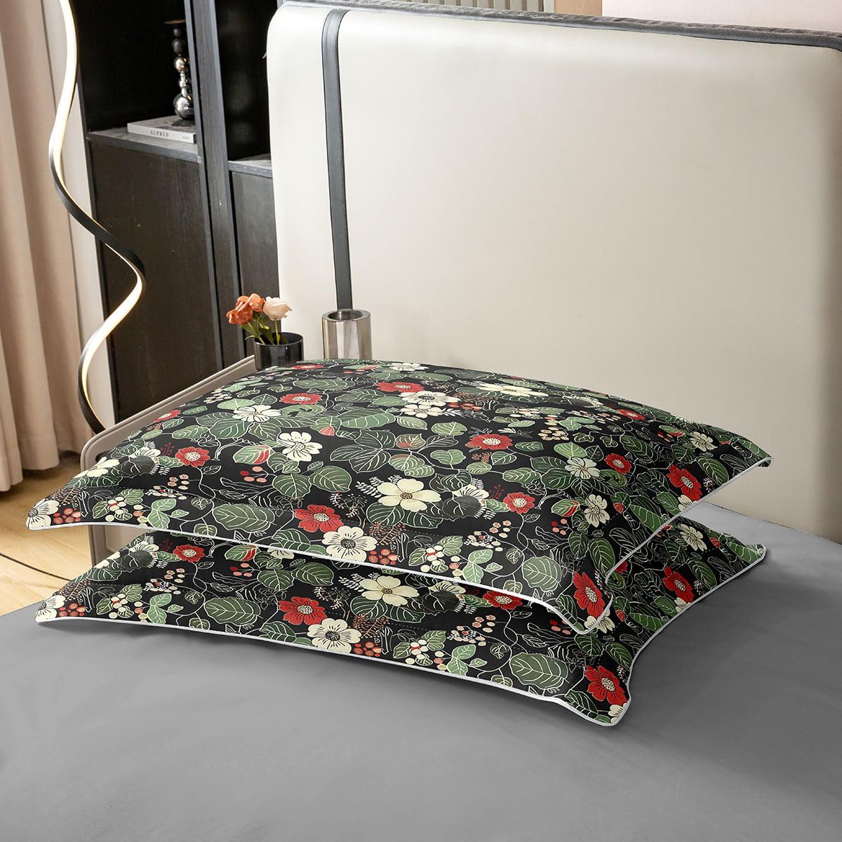 Homewish Set di biancheria da letto con copripiumino matrimoniale in cotone naturale con fiori verdi e neri, romantico, per ragazze e donne, adulti, caldo e morbido