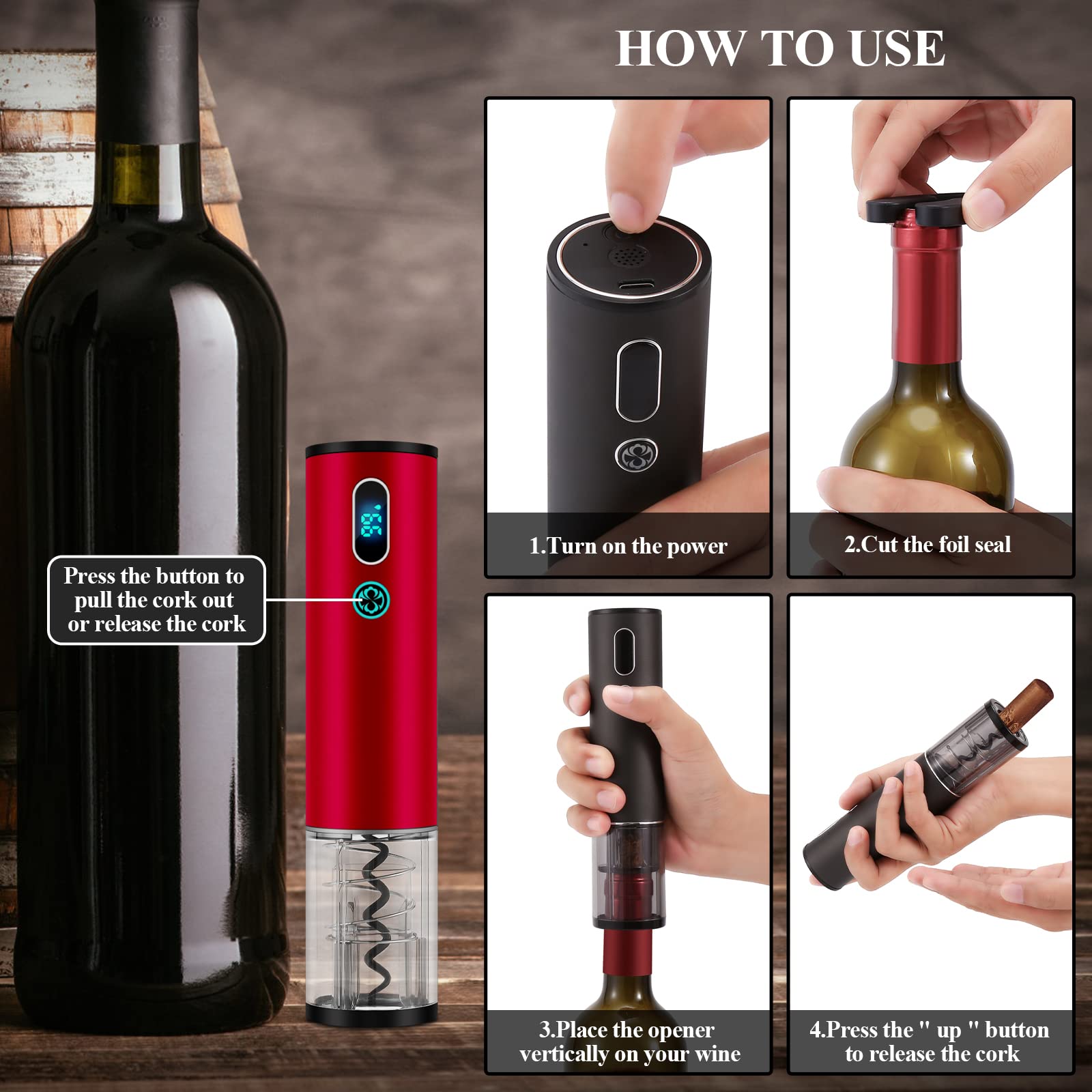 Higfra Juego de abridor de vino eléctrico con aireador, decantador, cortador de aluminio, tapón, rojo