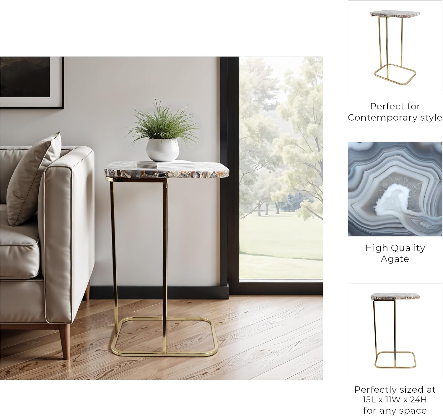 Sleek End Table, Side Table, or Night Stand for Room Decor - Modern Metal C-Shaped Accent Table with Agate Top for Bedroom or Living Room Decor - Ideal for Bedside or Small Spaces - 24" Multi-Colored