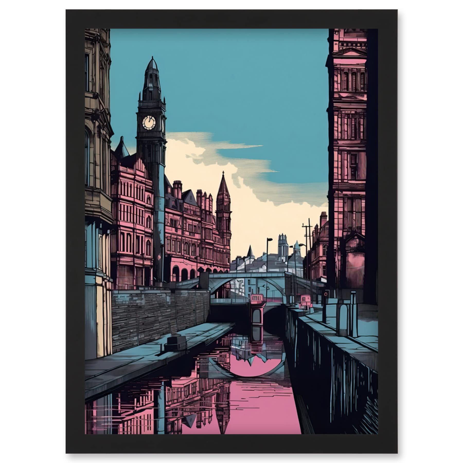 Artery8 Leeds Canal Cityscape Pink and Teal Illustration Artwork Framed Wall Art Print A4
