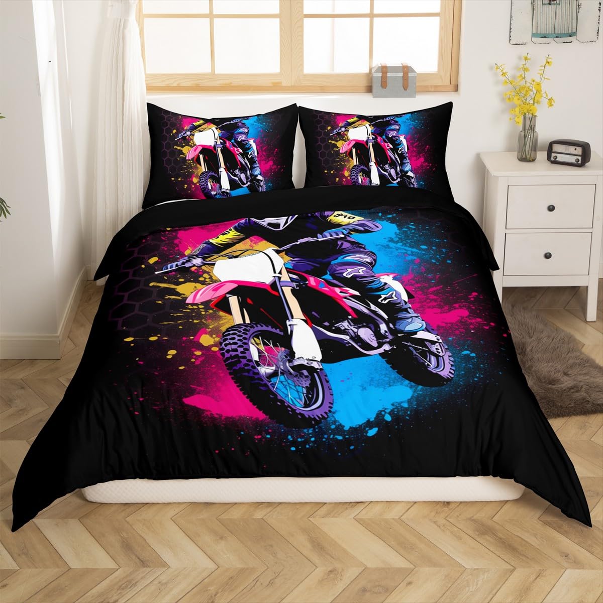 Loussiesd Dirt Bike Duvet Cover Set Single Size For Kids Boys Adults Teens Honeycomb Bedding Set Racing Motocross Rider Comforter Cover with 1 Pillowcase Motorbike Extreme Sports Beds Set