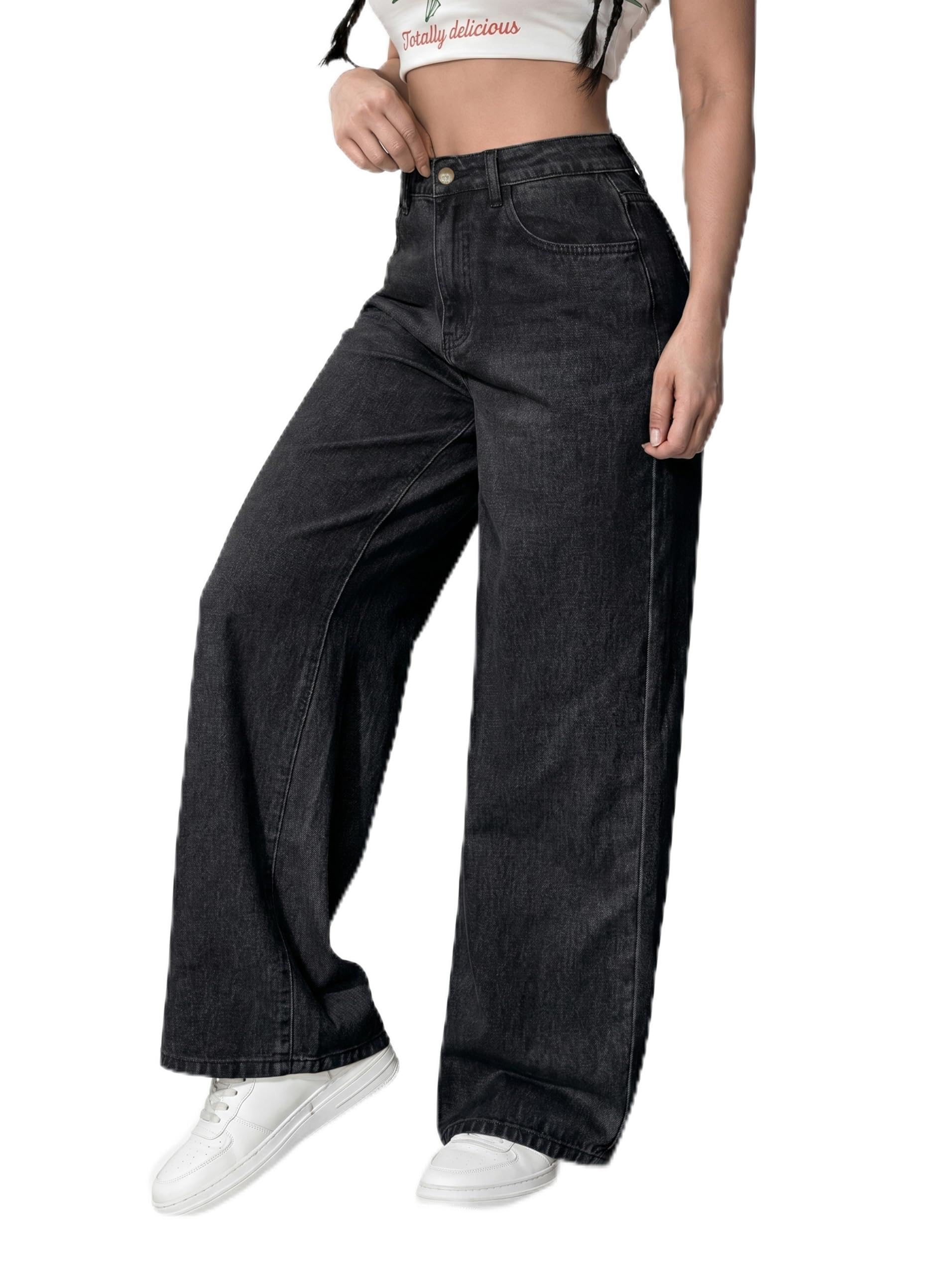 Women's Wide Leg Jeans, Black Washed Denim, High Rise, Relaxed Fit, Casual Streetwear-picture-30