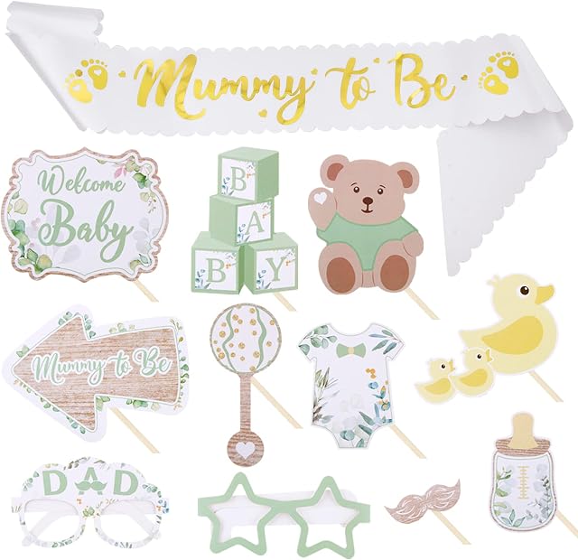 BETESSIN Mummy to Be Sash with 12pcs Baby Shower Party Photo Booth Prop for Newborn Party Decoration Supply