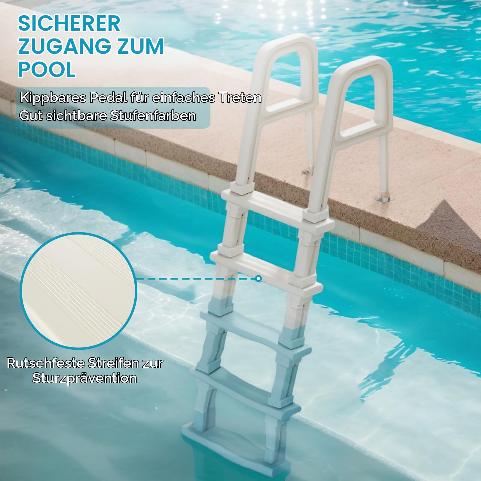 Bonnlo Poolleiter, Pooltreppe aus Kunststoff, mit rutschfesten Streifen und Handläufen, 5-stufig, bis 180 kg belastbar, für Oberirdische/Einbaupools, Weiß