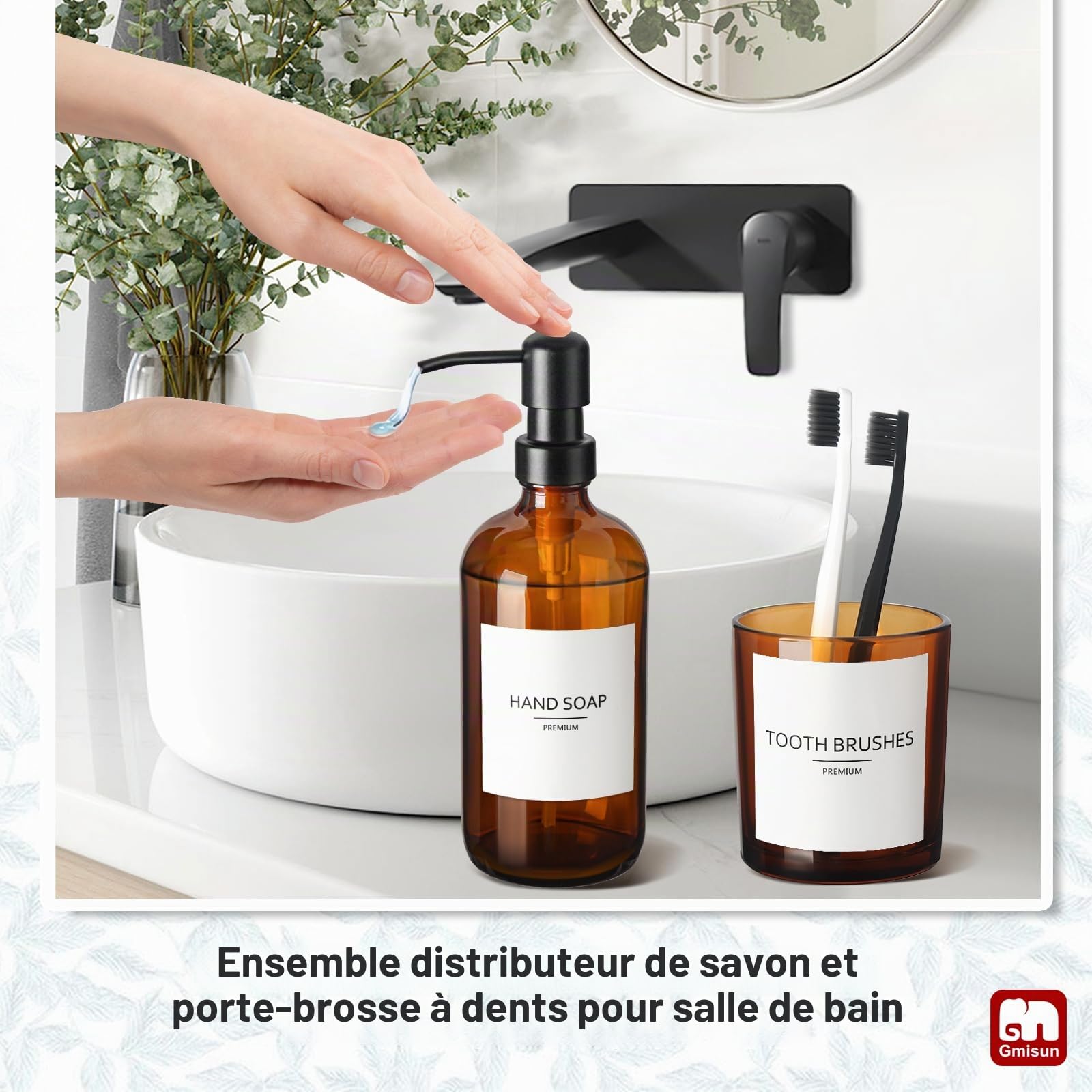 GMISUN Lot de 5 accessoires de salle de bain en verre ambré, distributeur de savon marron et porte-brosse à dents, comptoir d'évier avec étiquettes, décoration bain