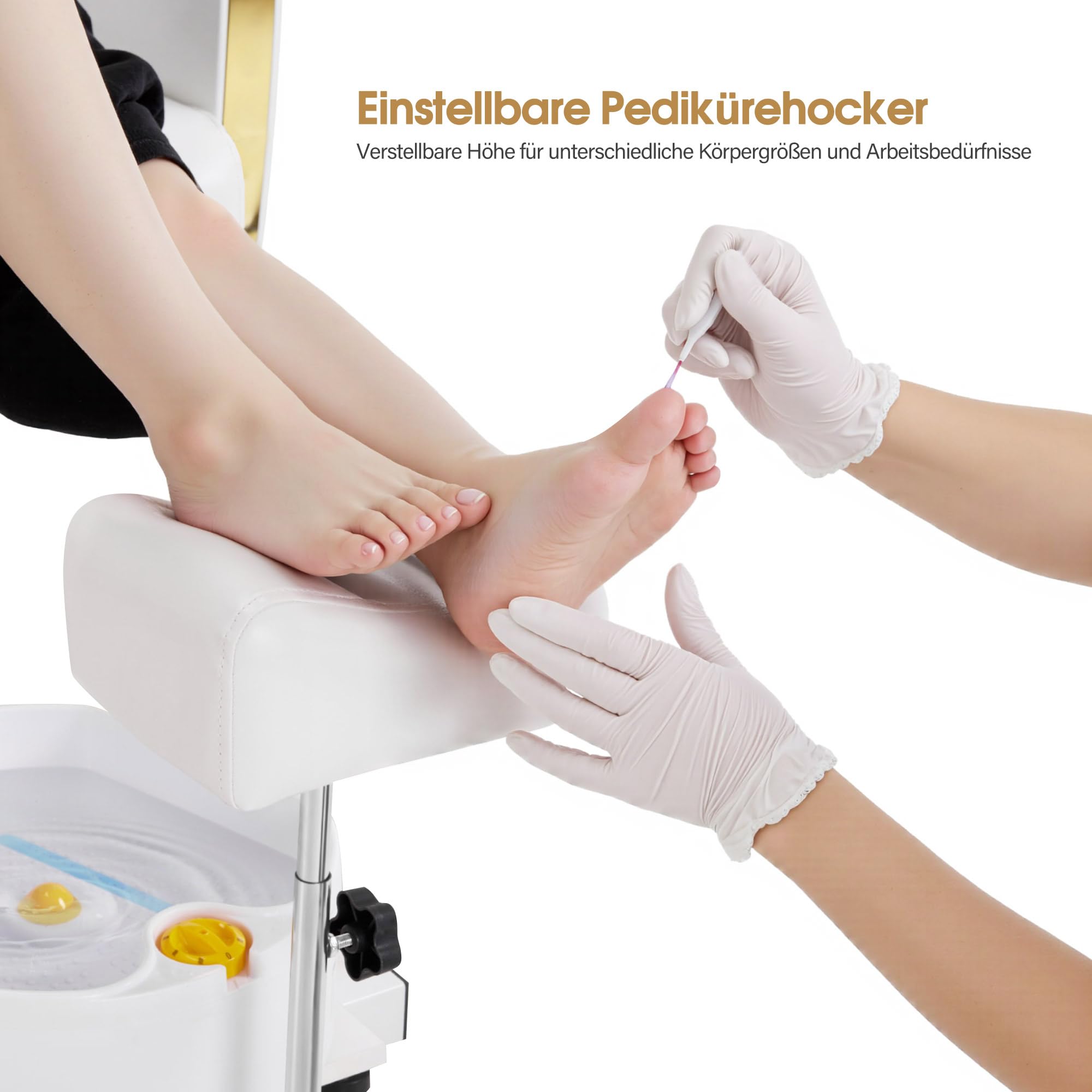 Barberpub Pediküre Stuhl mit Fußbadewanne & Hocker, Höhenverstellbar & Kippbar, Fußpflegestuhl für Nagelstudio Retro Gold-Weiß