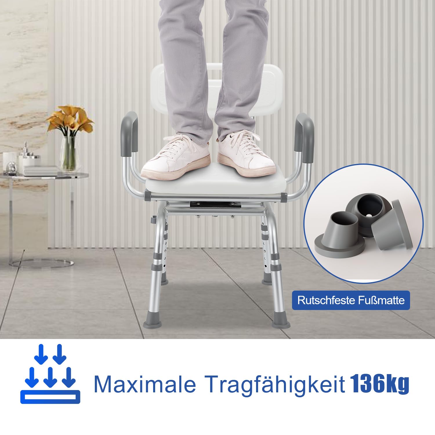 Alu-Duschhocker 3-in-1 bis 135 kg mit Rückenlehne für Senioren | Für Dusche, WC-Hilfe und Intimpflege; 6-fach 40–53 cm, mit Ablaufsitz, Polster, Anti-Rutsch-Füßen, einfach montierbar.