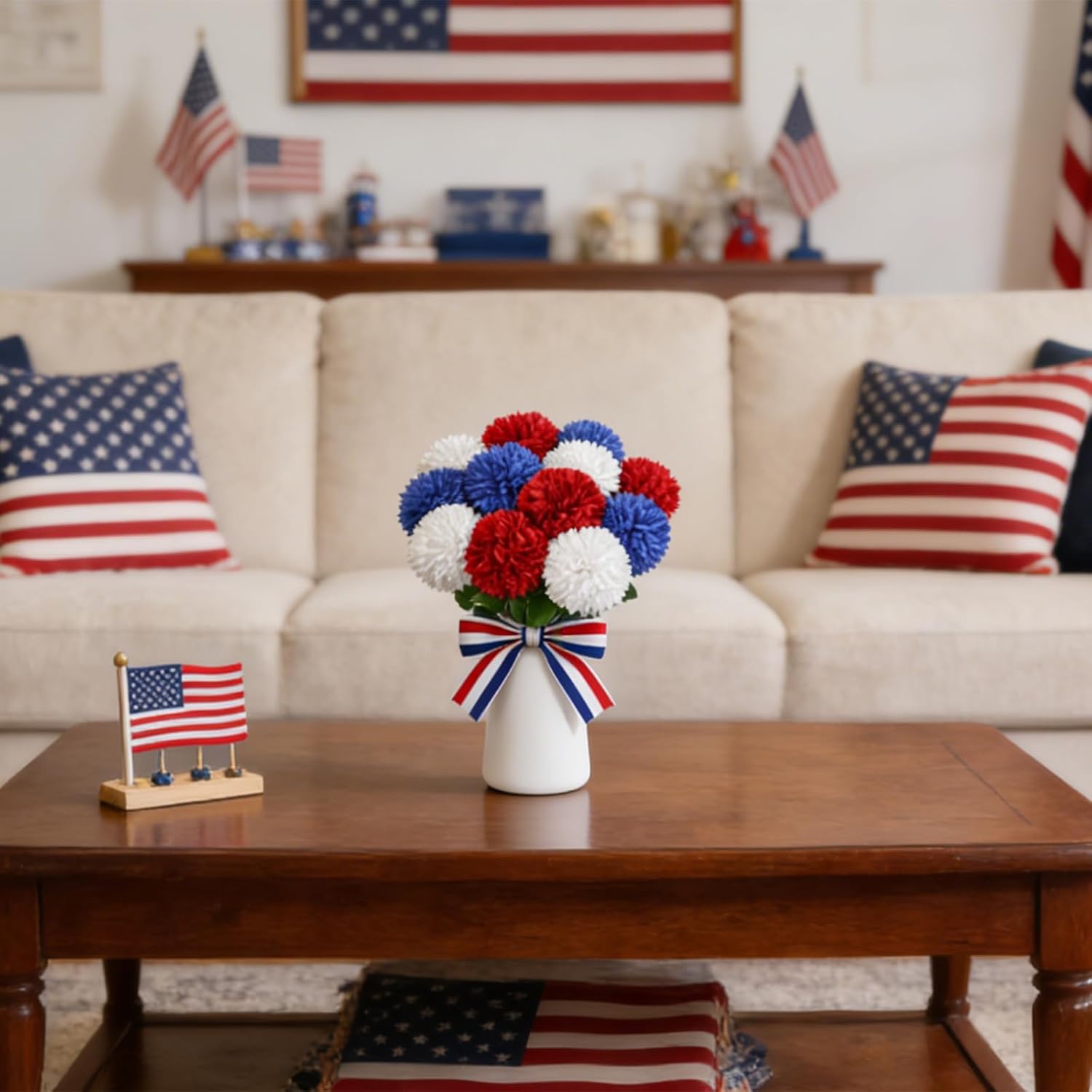 12Pcs Artificial Chrysanthemums Ball Flowers Patriotic Flower with Ceramic Vase, 4th of July Fake Mums Flowers Silk for Home Decor Memorial Day Table Party Centerpiece(Red, White, Blue)