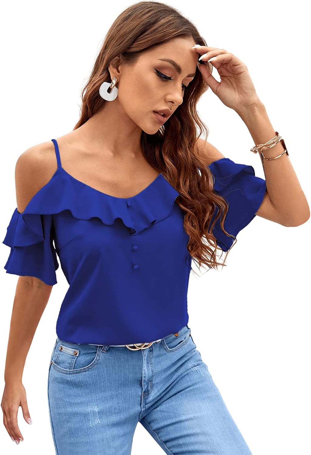 SheIn Women's Ruffle Trim Cold Shoulder Flounce Sleeve Blouse Shirt Tops