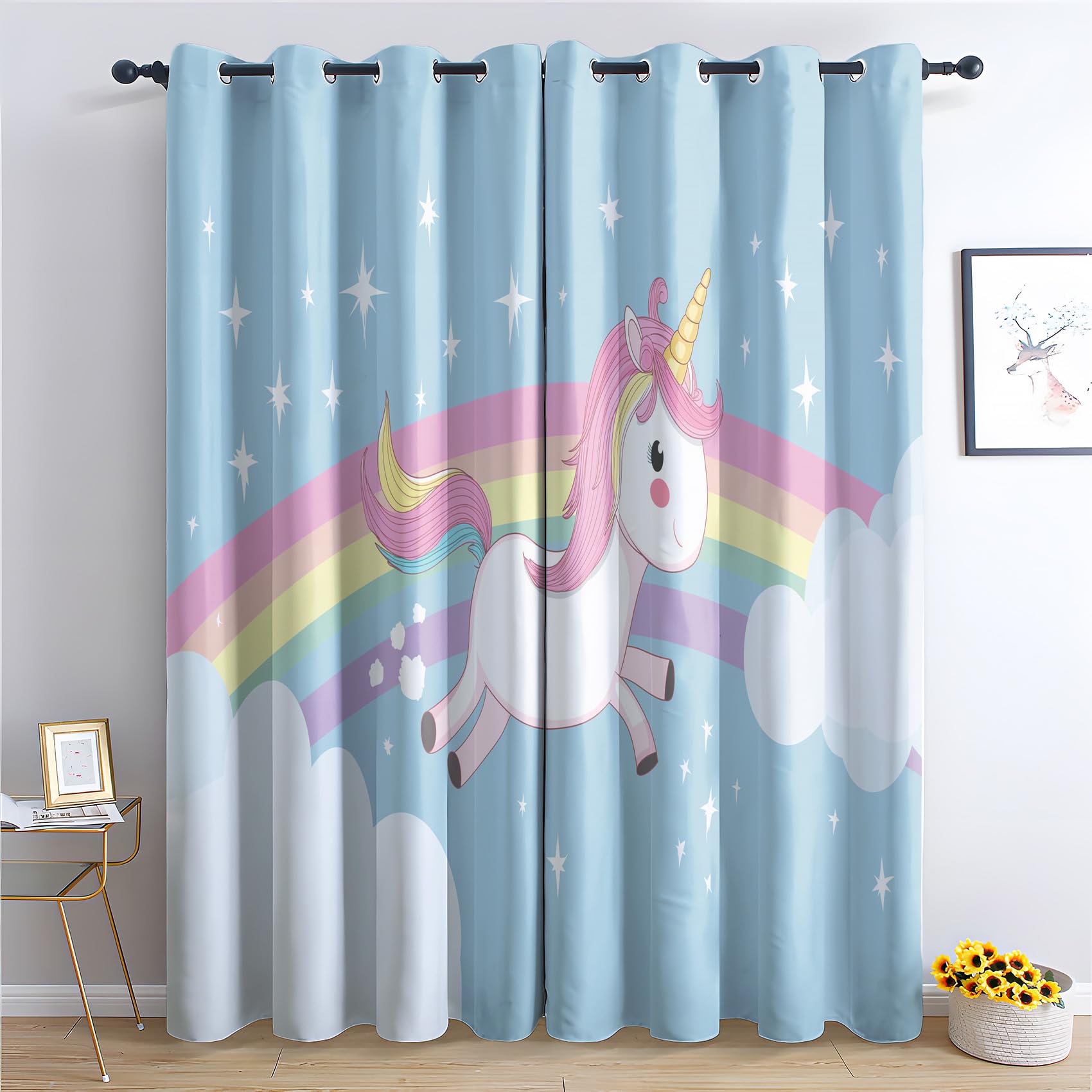 Venivici Unicorn Blackout Curtains for Bedroom Living Room - 84 Inch Drop Curtains Eyelet, Girls Rainbow Cartoon Patterned Window Treatments, Thermal Insulated Drapes 52x84 2 Panels