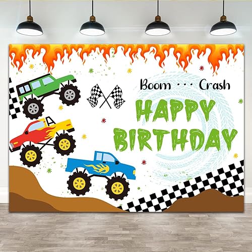 Miniatura 1 de Lofaris Cartón de cartón de 7 x 5 pies con temática de camión de feliz cumpleaños, monstruo para niños, fondo de feliz cumpleaños, fotografía,