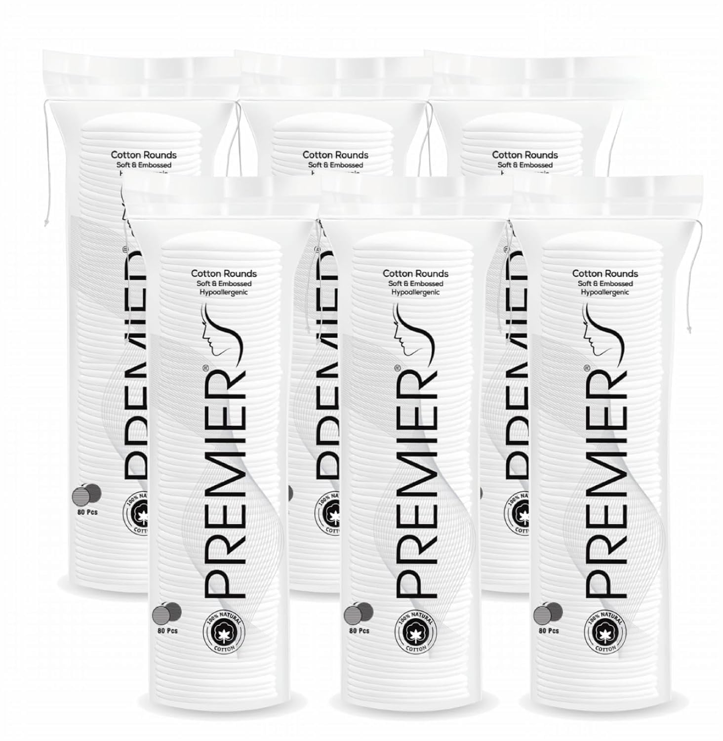 Premier Cotton Pads - Soft & Embossed, Hypoallergenic, Pack of 80 Pcs x6 | Ideal for Makeup Removal, Toner Application, Baby Care, Nail Care & Hygiene | High-Quality Cotton Rounds for Daily Use