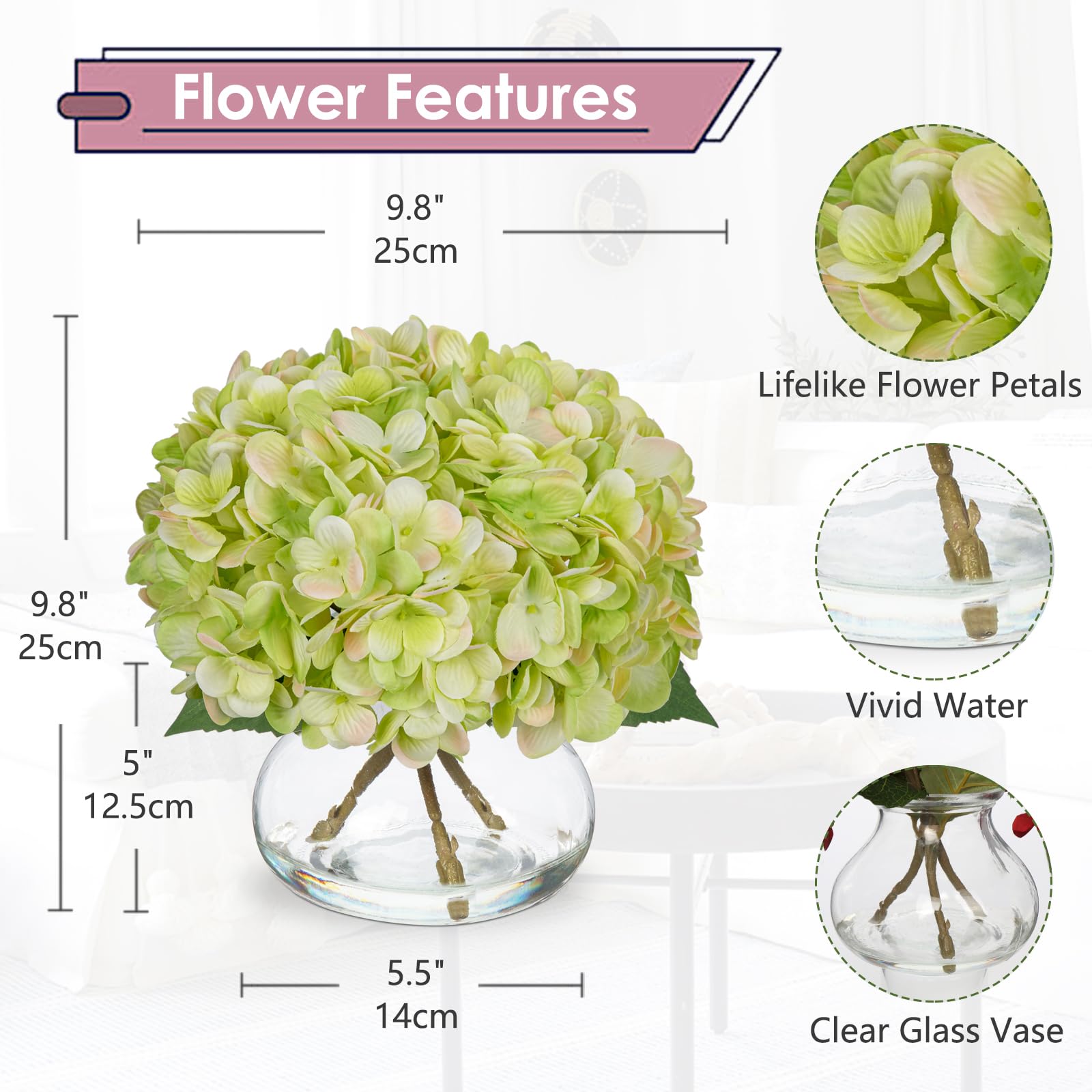 Oairse Hydrangea Artificial Flowers with Glass Vase Green Silk Faux Flowers Arrangements in Vase with Faux Water Fake Floral Bulk Bouquet for Home Decor Wedding Table Centerpiece Spring Decorations - Image 3