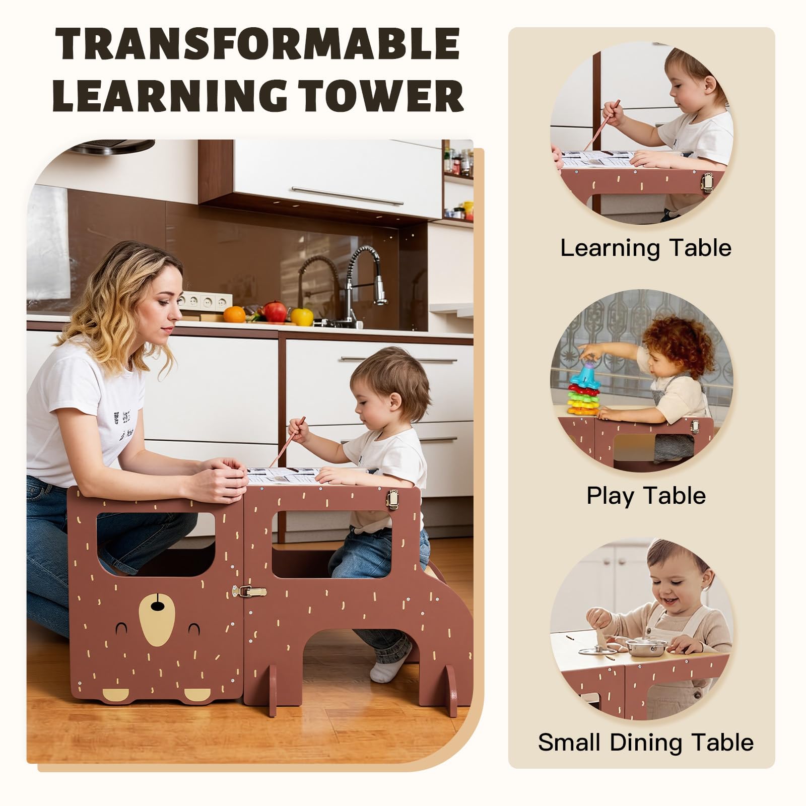 Labebe Torre Montessoriana Pieghevole in Legno Grandi Dimensioni 3 in 1 con Lavagna Orso Bruno