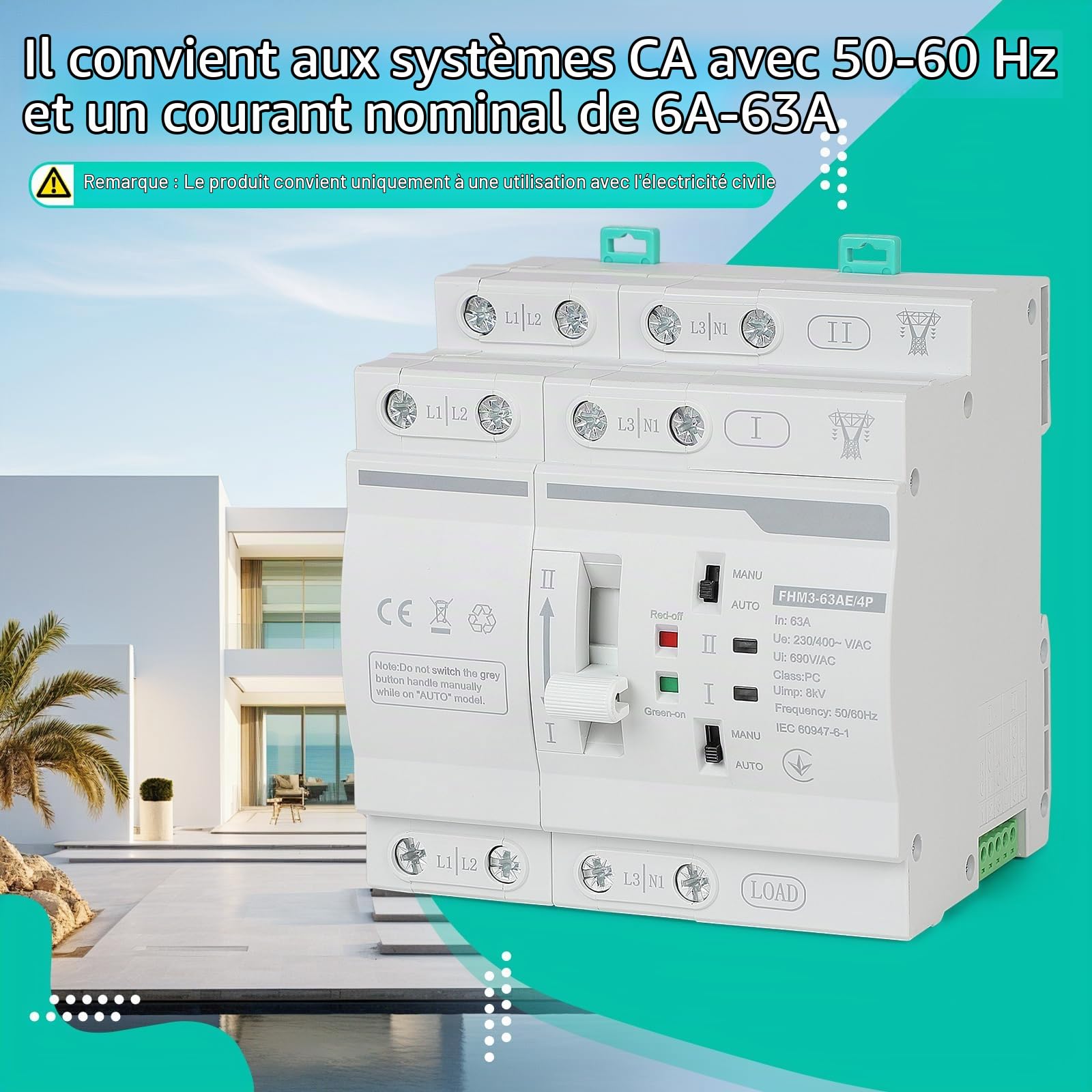 CPROSP Inverseur de Source Monophasé Automatique 63A DIN 220V 4P | Commutateur de Transfert Automatique 4 Double Alimentation; Interrupteur Différentiel 63A Contacteur Jour Nuit Chauffe Eau