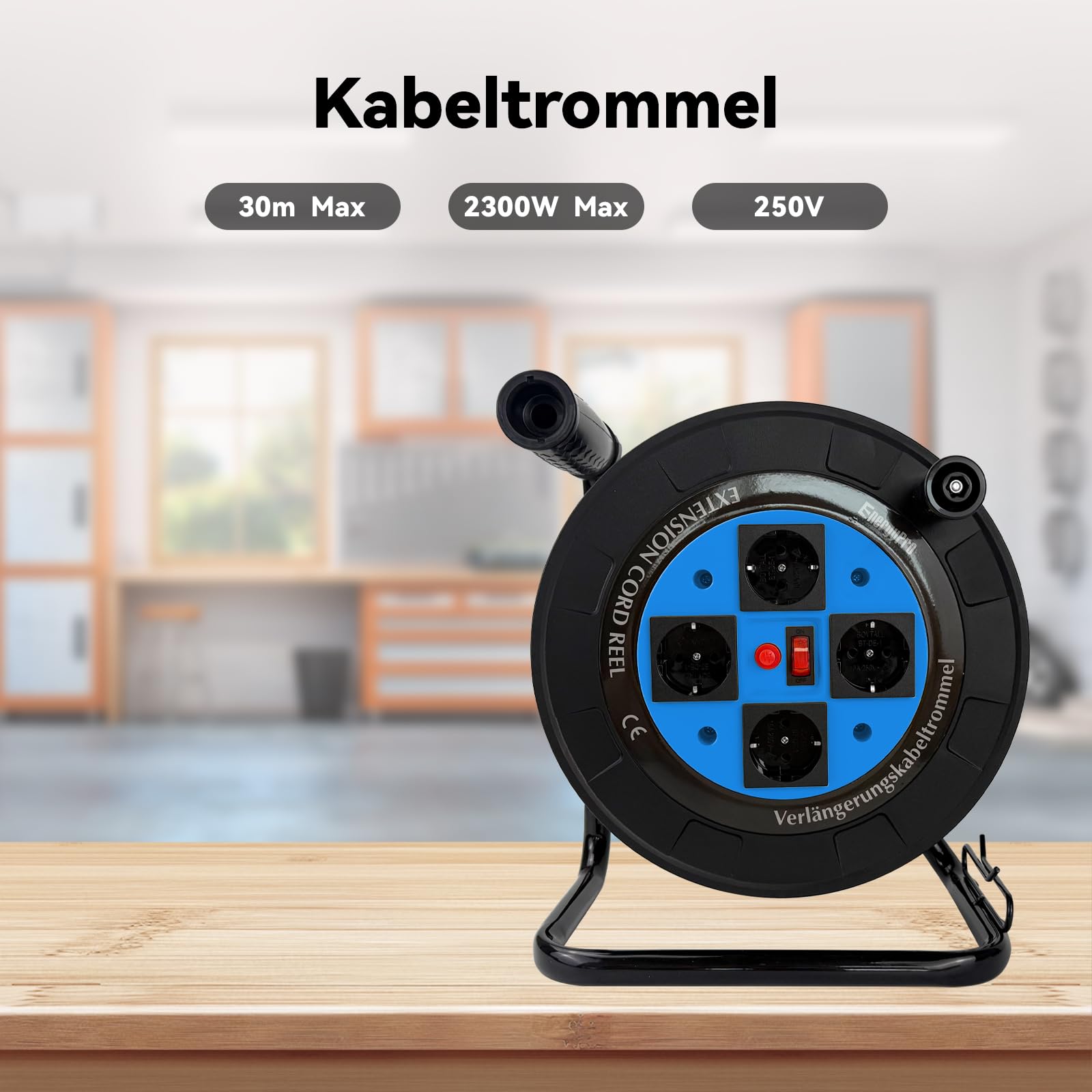 EnergyPro DL616B-EU Kabeltrommel leer IP44 4-fach Schuko Steckdosen, manueller Kabelaufroller mit klappbarem Griff, Leertrommel ohne Kabel