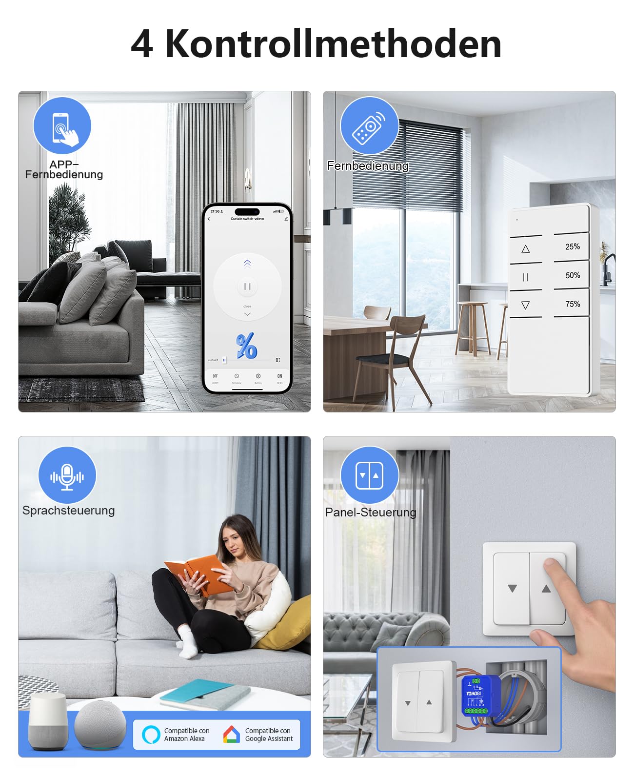 YOMOGI Wlan Rolladenschalter mit RF Fernbedienung gekoppelt, Prozentkontrolle Wlan Rolladen Zeitschaltuhr für Rollläden/Jalousien, Kompatibel mit Alexa & Google & Siri, Mit Fernsteuerung, 6 Packs