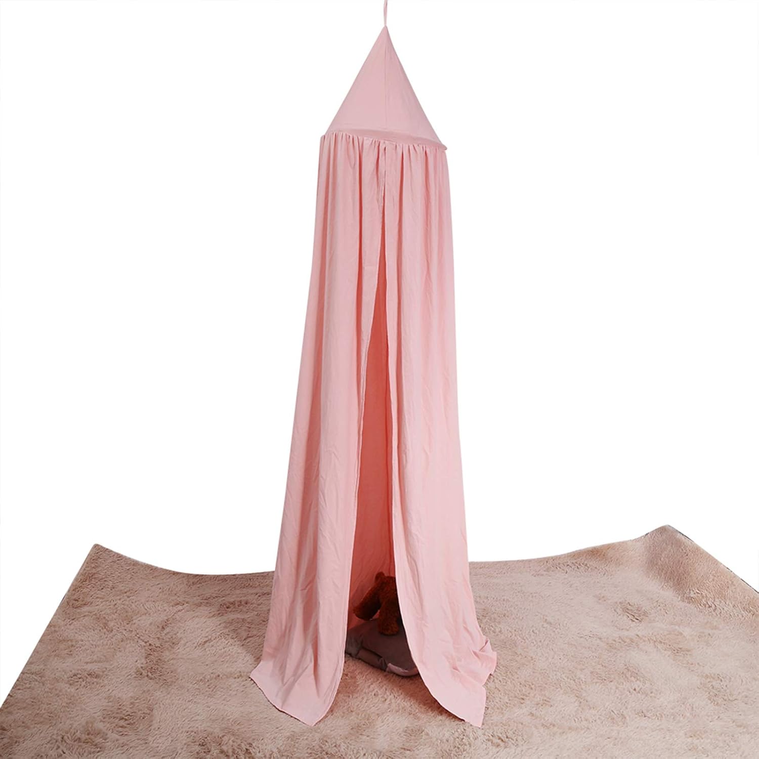 Multicolor Round Dome Hanging Bed Canopy, Net Curtain for Baby Kids, Cotton Play Tent with Steel Ring and Hooks, Easy Install Home Decor for Nursery Room (Pink)