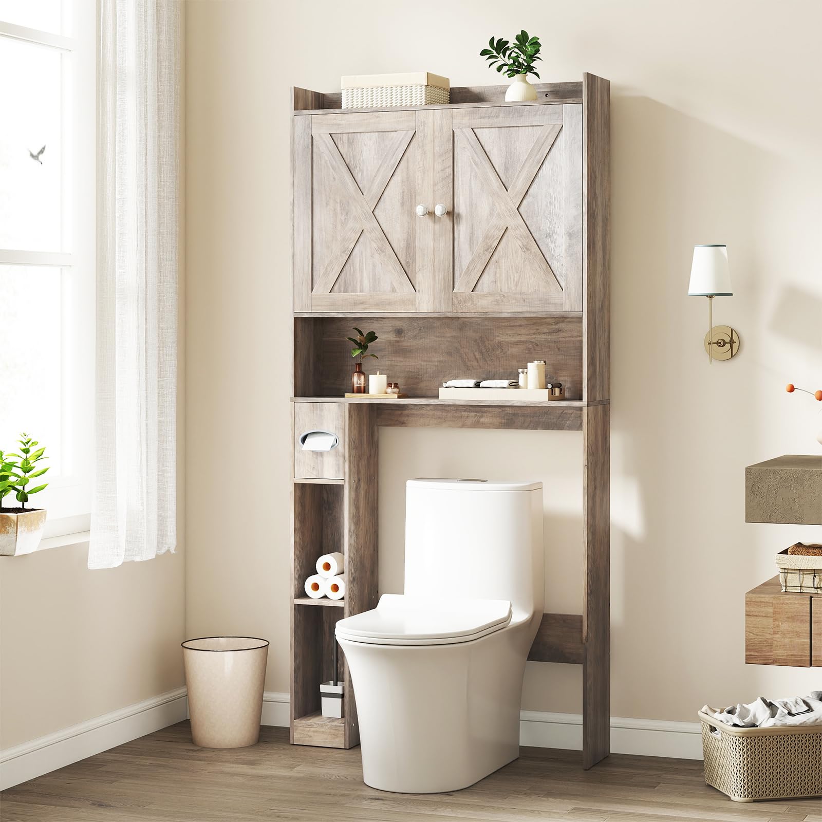 GIANTEX Armoire WC pour salle de bain avec 2 portes battantes, étagères réglables et compartiments pour papier toilette, armoire de toilette peu encombrante au-dessus des toilettes, 81,5 x 19,5 x