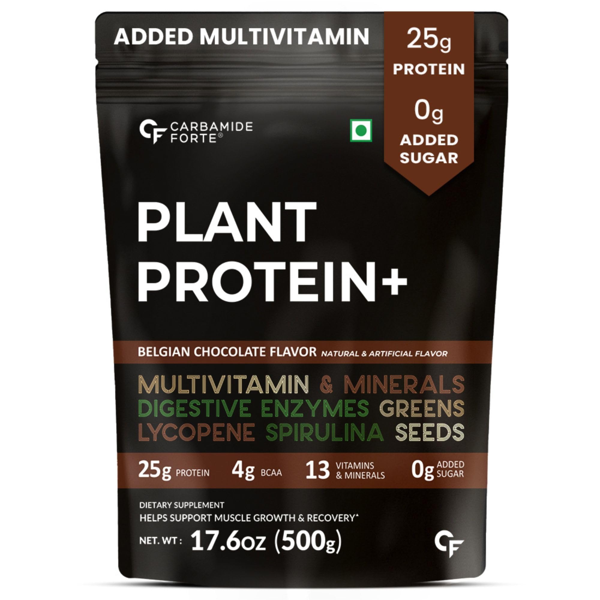 Carbamide Forte Plant Protein Powder - Plant Based Pea Protein Powder for Women with Multivitamin, Minerals, Superfoods, Digestive Enzymes - Belgian Chocolate Flavour - 500g