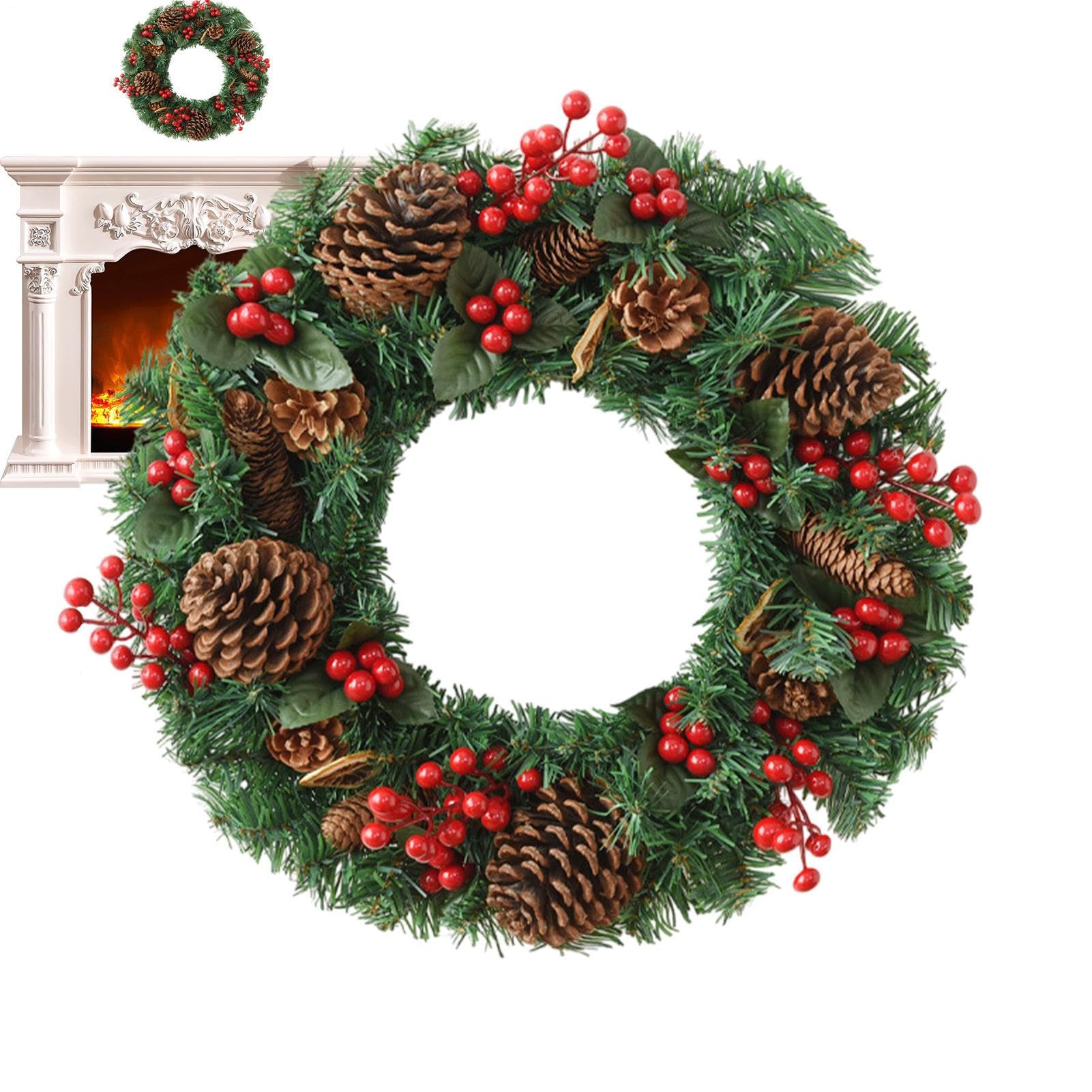 Couronnes De Noël Pour Porte D'Entrée Décor Artificiel Saisonnier | Couronne Rustique avec Cône de Pin et Baies Rouges Pour Porte D'Entrée Extérieur Intérieur Maison Porche Hiver Fenêtre