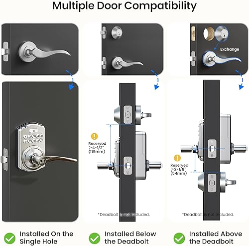 Miniatura 9 de Veise Cerradura de puerta con teclado con asa, entrada sin llave para puerta delantera y dormitorio, cerradura electrónica con código, bloqueo